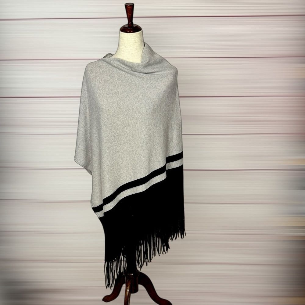 360 Sweater Cashmere Cape Poncho Wrap with Fringes Gray Black